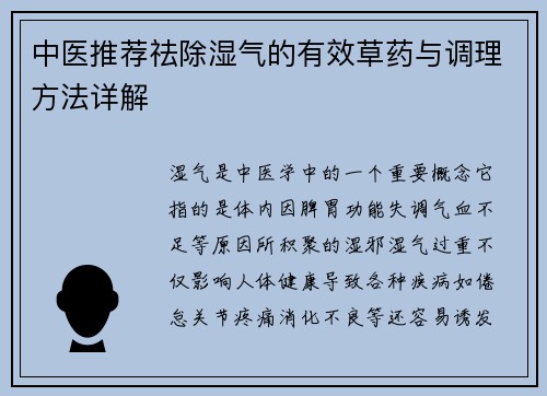 中医推荐祛除湿气的有效草药与调理方法详解