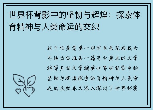 世界杯背影中的坚韧与辉煌：探索体育精神与人类命运的交织